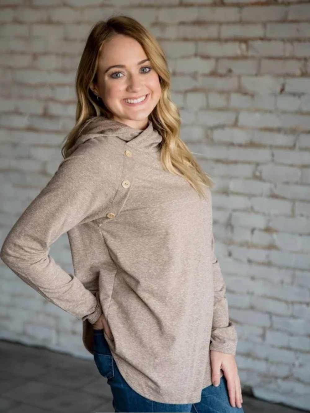 Side Button Hoodie in Roasted Coffee Color Long Sleeve Shirt, size Small